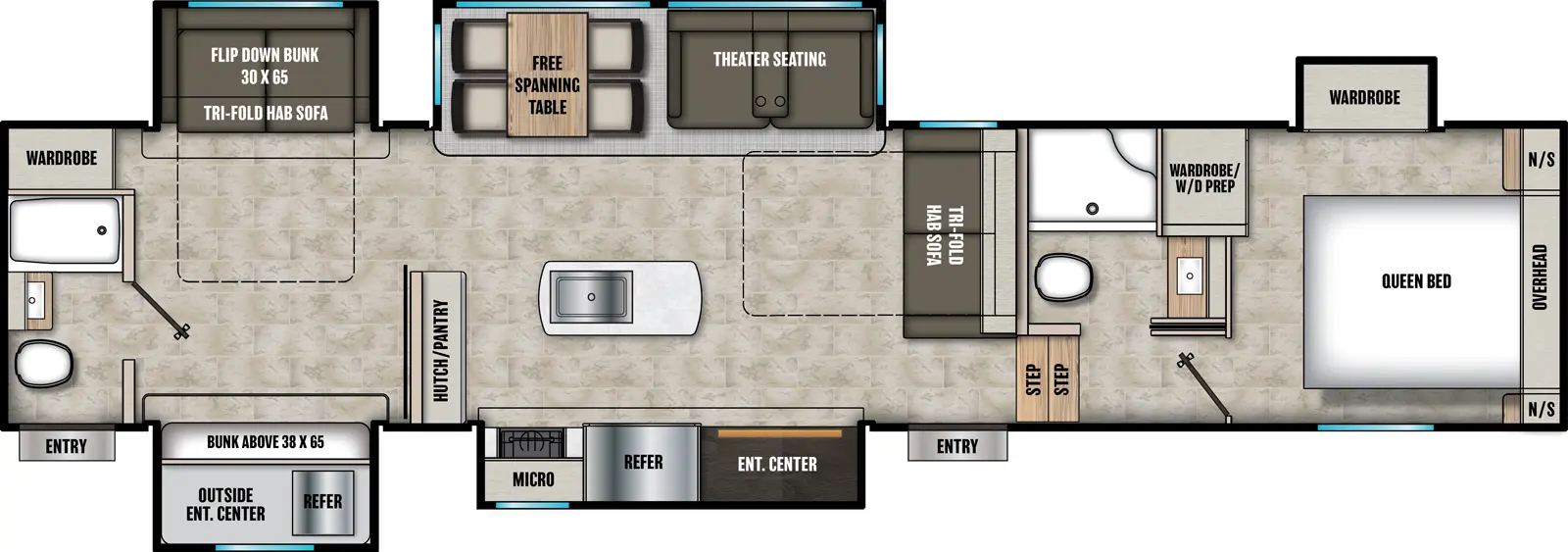 The Chaparral 367BH floorplan has two entries and five slide outs. Exterior features include: fiberglass exterior, 15' awning,  outside entertainment and outside kitchen. Interiors features include: bunk beds, kitchen island, free-standing dinette option, front bedroom, rear bathroom and two full bathrooms.